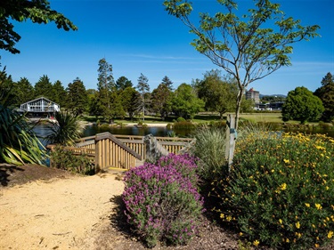 image shows a deck and flowers by a lagoon under the blue sky