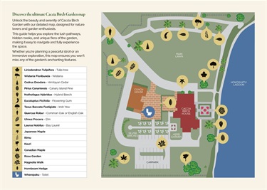 Map showing the location of trees of interest and other garden features.